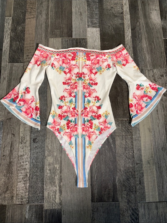 Flying Tomato Tops - Flying Tomato Off-Shoulder Floral Bell-Sleeve Bodysuit - White, Pink, Blue